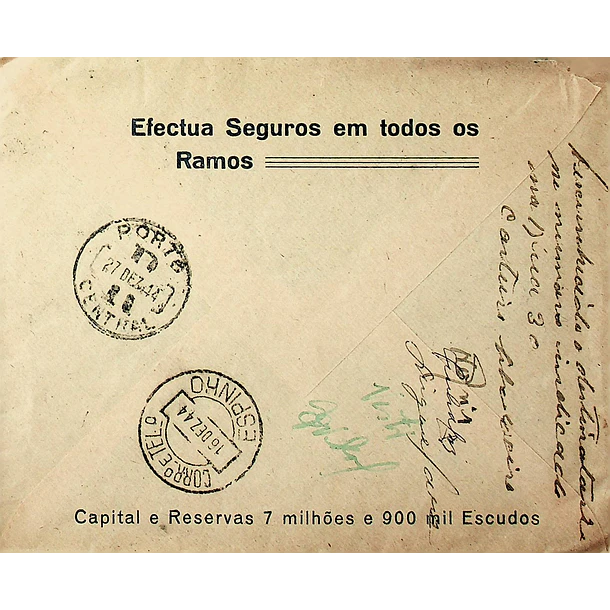 1944 Carta Registada do Porto para Espinho