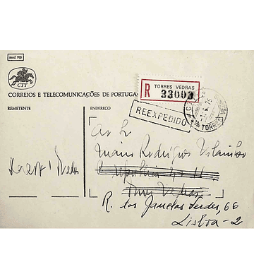1975 Portugal Carta Reexpedida de Torres Vedras c/ etiqueta de Registo