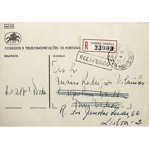 1975 Carta Reexpedida de Torres Vedras c/ etiqueta de Registo