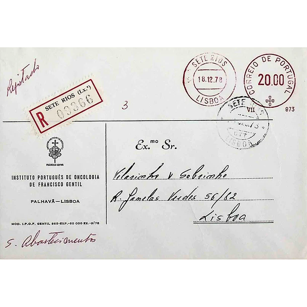 1978 Franquia Mecânica do IPO (Lisboa) c/ etiqueta de Registo de Sete Rios