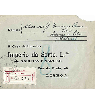 1938 Carta Registada enviada do Funchal para Lisboa