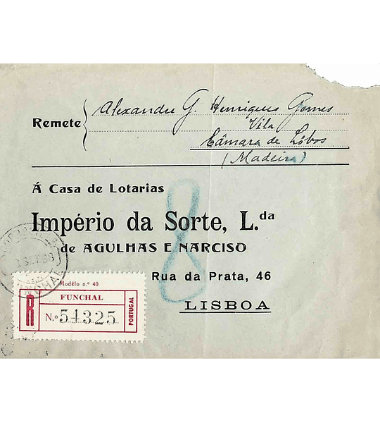 1938 Portugal Carta Registada enviada do Funchal para Lisboa