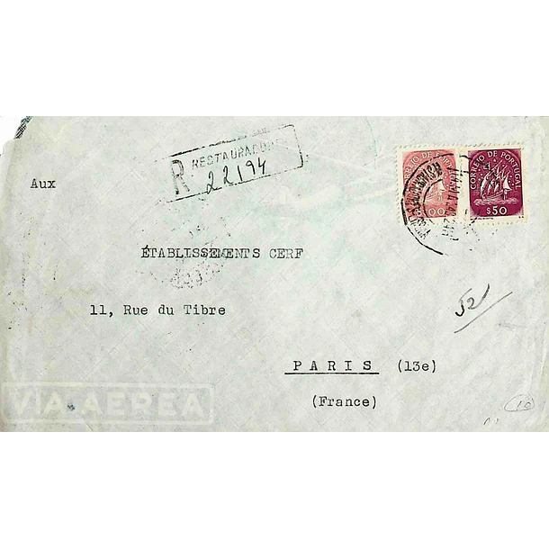 1948 Carta Registada enviada de Lisboa para Paris