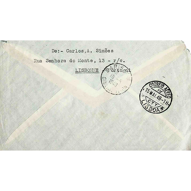 1948 Carta Registada enviada de Lisboa para Paris
