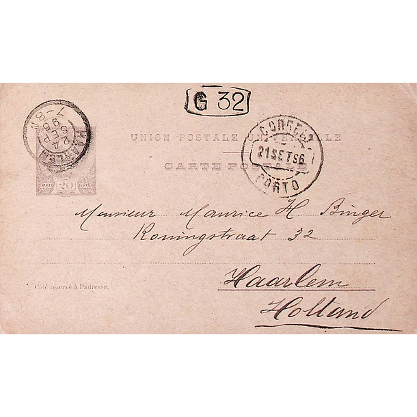 1896 Bilhete Postal Inteiro D. Carlos 20 r. Violeta-cinzento enviado do Porto para Haarlem