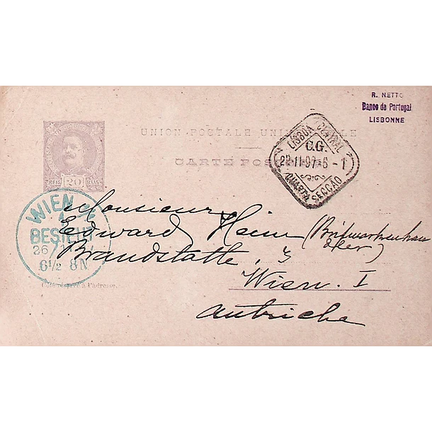1897 Bilhete Postal Inteiro D. Carlos 20 r. Violeta-cinzento enviado de Lisboa para Viena / Wien