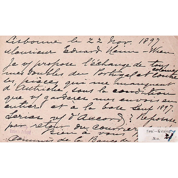 1897 Bilhete Postal Inteiro D. Carlos 20 r. Violeta-cinzento enviado de Lisboa para Viena / Wien