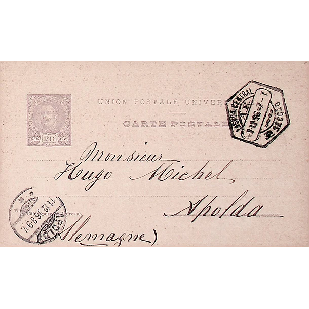 1896 Bilhete Postal Inteiro D. Carlos 20 r. Violeta-cinzento enviado de Lisboa para Apolda
