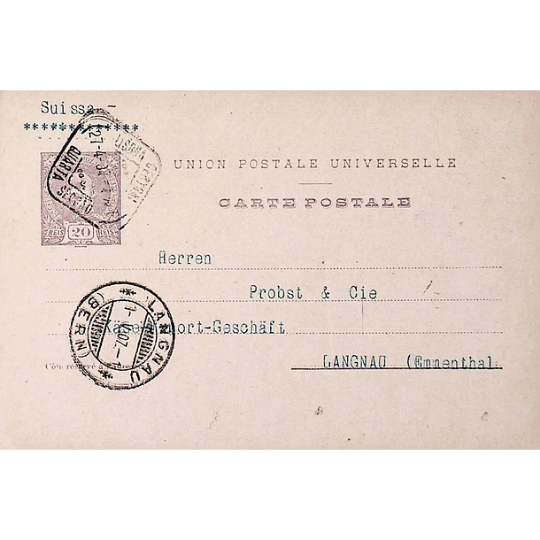 1907 Bilhete Postal Inteiro D. Carlos 20 r. Violeta-cinzento enviado de Lisboa para Langnau