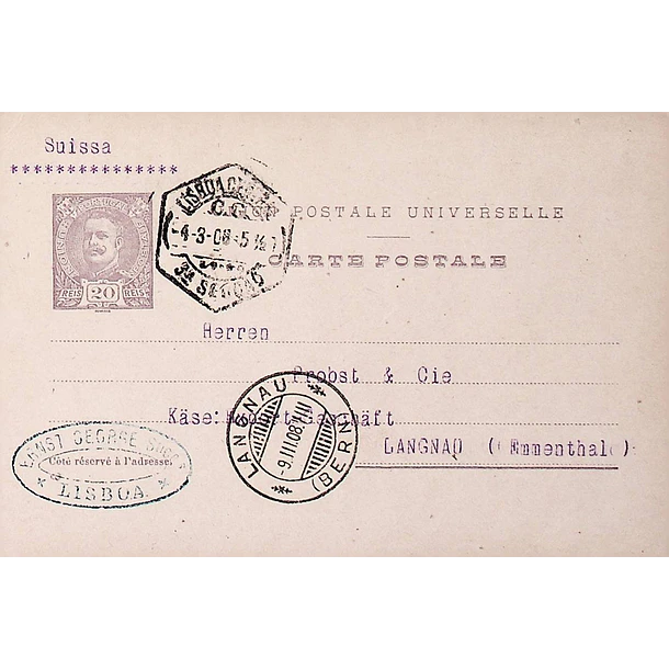 1908 Bilhete Postal Inteiro D. Carlos 20 r. Violeta-cinzento enviado de Lisboa para Langnau