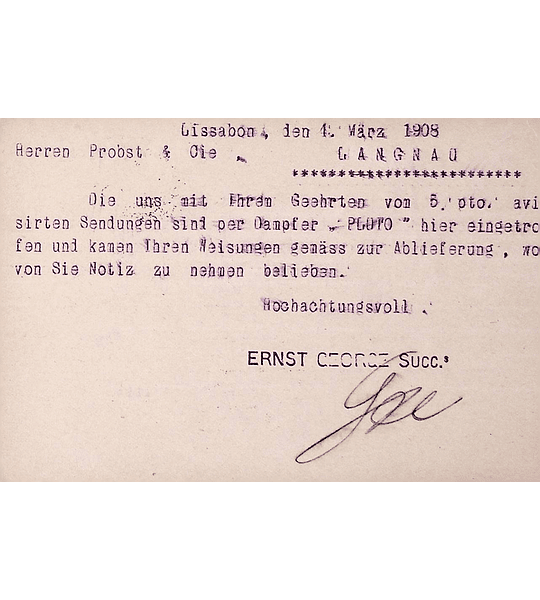 1908 Bilhete Postal Inteiro D. Carlos 20 r. Violeta-cinzento enviado de Lisboa para Langnau