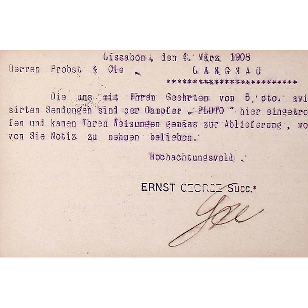 1908 Bilhete Postal Inteiro D. Carlos 20 r. Violeta-cinzento enviado de Lisboa para Langnau