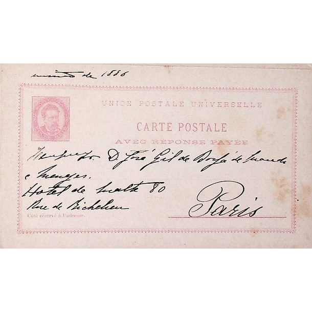 1886 Bilhete Postal Inteiro D. Carlos 20 r. + 20 r. Rosa enviado para Paris