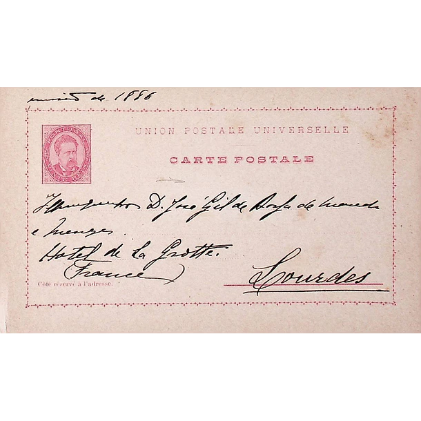 1886 Bilhete Postal Inteiro D. Luís 20 r. Rosa-Castanho enviado para Lourdes
