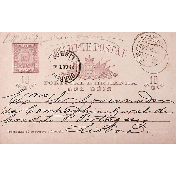 1893 Bilhete Postal Inteiro D. Carlos 10 r. Lilás-Castanho enviado de São Pedro do Sul para Lisboa