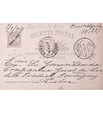 1894 Bilhete Postal Inteiro Provisório D. Luís 10 r. Castanho-vermelho enviado de São Pedro do Sul para Lisboa