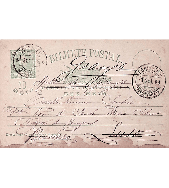 1896 Bilhete Postal Inteiro D. Carlos 10 r. Verde enviado da Póvoa do Varzim para o Luso