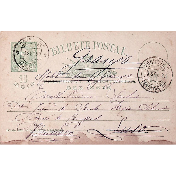 1896 Bilhete Postal Inteiro D. Carlos 10 r. Verde enviado da Póvoa do Varzim para o Luso