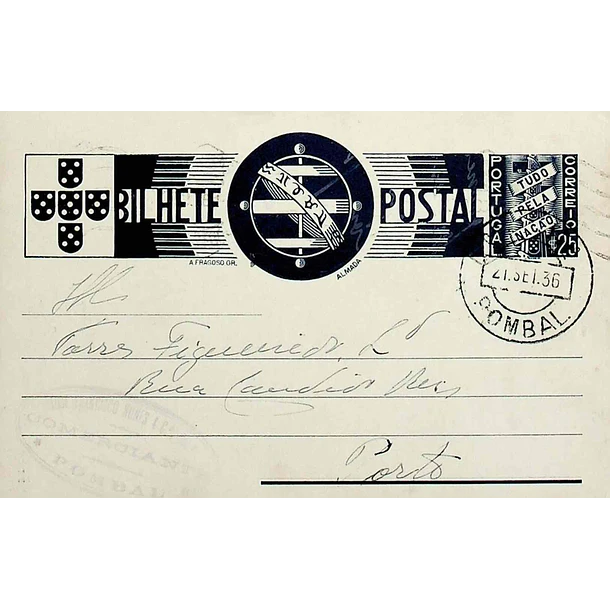 1936 Bilhete Postal Inteiro «Tudo pela Nação» de 25 c. azul enviado de Pombal para o Porto