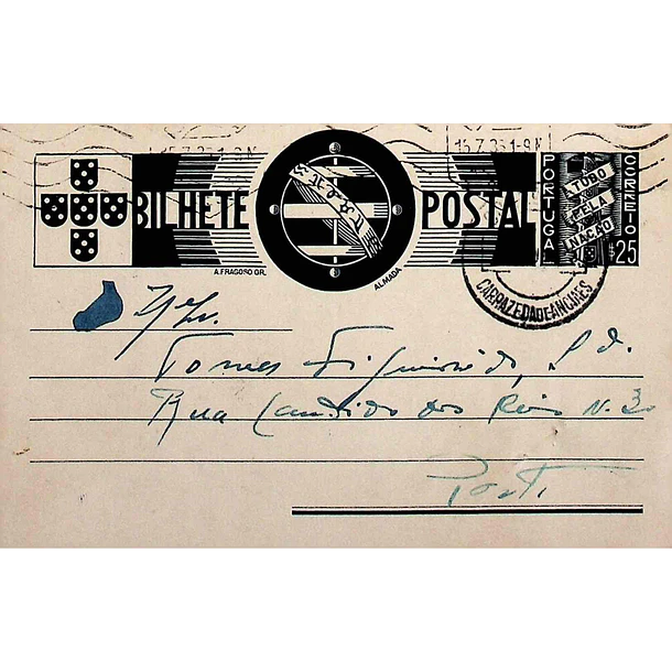 1935 Bilhete Postal Inteiro «Tudo pela Nação» de 25 c. azul enviado de Carrazeda de Anciães para o Porto