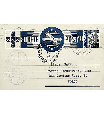 1935 Bilhete Postal Inteiro «Tudo pela Nação» de 25 c. azul enviado de Poiares para o Porto