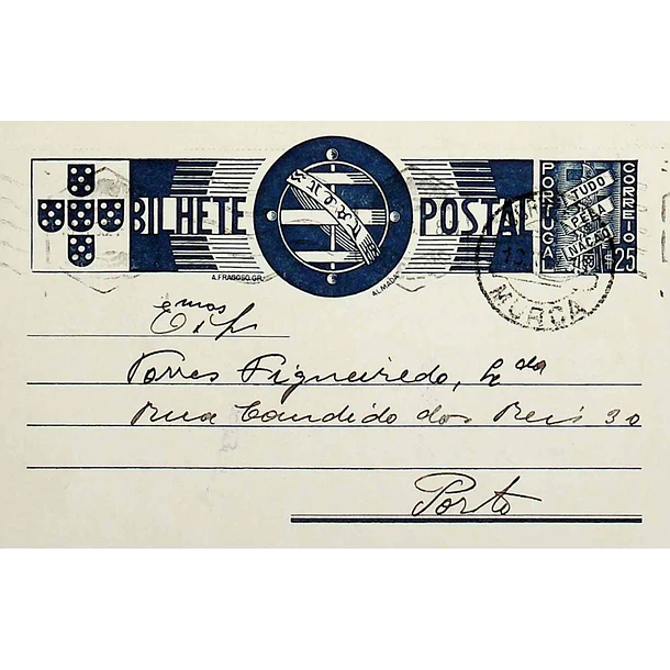 1936 Bilhete Postal Inteiro tipo «Tudo pela Nação» de 25 c. azul enviado de Murça para o Porto