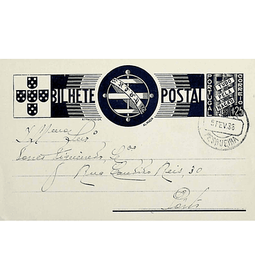 1936 Bilhete Postal Inteiro «Tudo pela Nação» de 25 c. azul enviado de São João da Pesqueira para o Porto