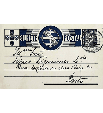 1936 Bilhete Postal Inteiro «Tudo pela Nação» de 25 c. azul enviado de Vila Real de Santo António para o Porto