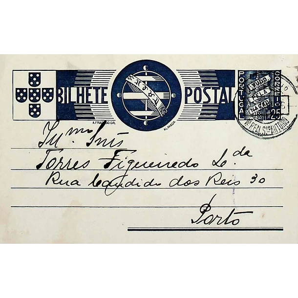 1936 Bilhete Postal Inteiro «Tudo pela Nação» de 25 c. azul enviado de Vila Real de Santo António para o Porto