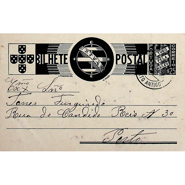 1936 Bilhete Postal Inteiro «Tudo pela Nação» de 25 c. azul circulado localmente no Porto 1
