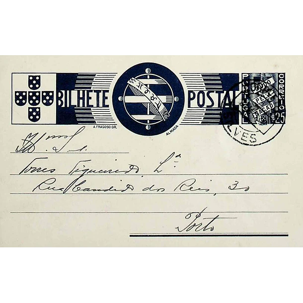 1936 Bilhete Postal Inteiro «Tudo pela Nação» de 25 c. azul enviado de Silves para o Porto