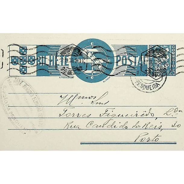 1936 Bilhete Postal Inteiro «Tudo pela Nação» de 25 c. azul enviado de São João da Pesqueira para o Porto