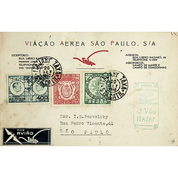 1940 1.º Voo VASP São Paulo - Itajaí (regresso)
