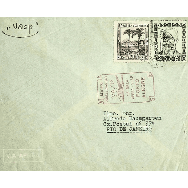 1940 1.º Voo Postal VASP Porto Alegre - São Paulo