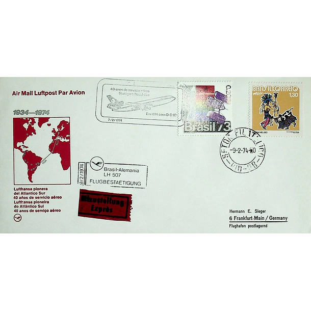 1974 Carimbo Comemorativo do 40º aniversário da ligação aérea da Lufthansa ao Brasil