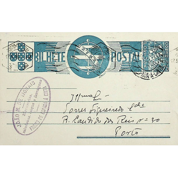 1936 Bilhete Postal Inteiro «Tudo pela Nação» de 25 c. azul enviado de Freixo de Espada à Cinta para o Porto
