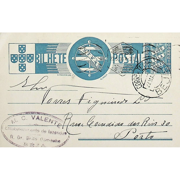 1936 Bilhete Postal Inteiro «Tudo pela Nação» de 25 c. azul enviado de Beja para o Porto