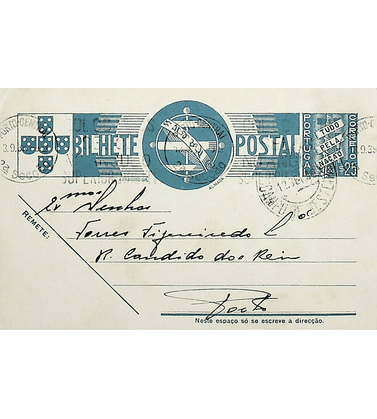 1938 Bilhete Postal Inteiro «Tudo pela Nação» de 25 c. azul enviado de Campo de Besteiros para o Porto