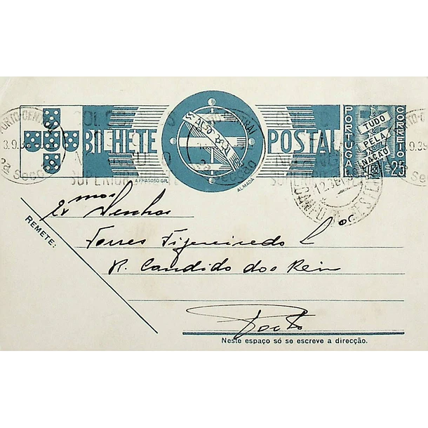1938 Bilhete Postal Inteiro «Tudo pela Nação» de 25 c. azul enviado de Campo de Besteiros para o Porto