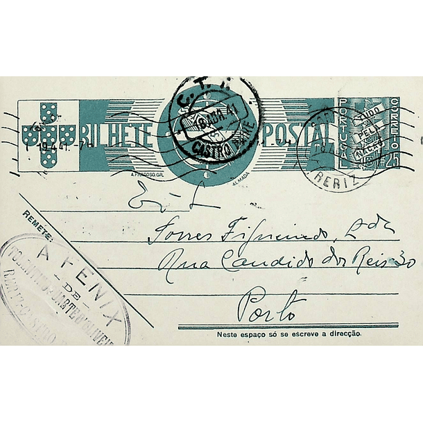 1941 Bilhete Postal Inteiro «Tudo pela Nação» de 25 c. azul enviado de Reriz para o Porto