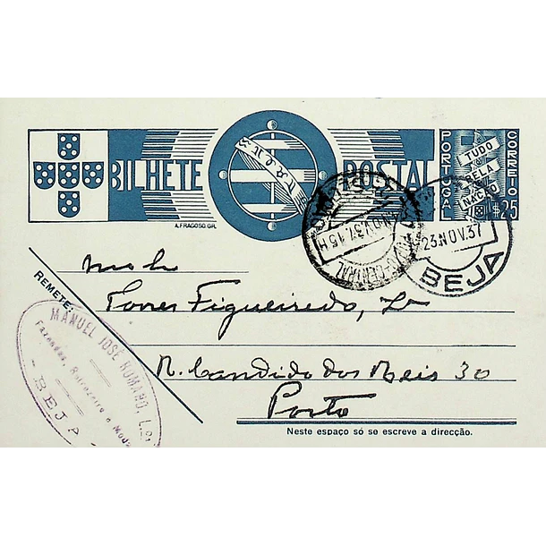 1937 Bilhete Postal Inteiro «Tudo pela Nação» de 25 c. azul enviado de Beja para o Porto