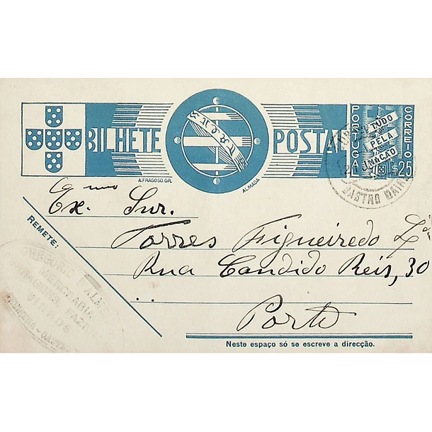 1938 Bilhete Postal Inteiro «Tudo pela Nação» de 25 c. azul enviado de Castro Daire para o Porto