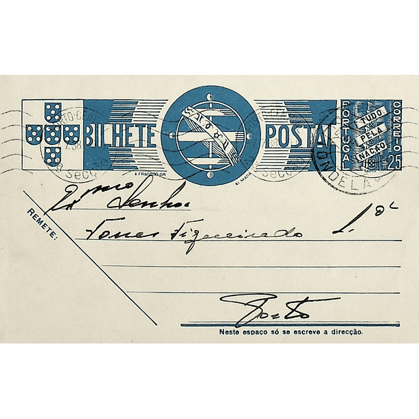 1938 Bilhete Postal Inteiro «Tudo pela Nação» de 25 c. azul enviado de Tondela para o Porto