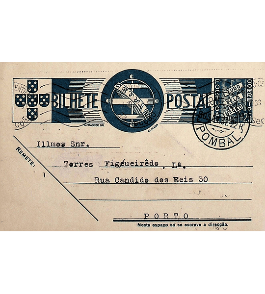 1938 Bilhete Postal Inteiro «Tudo pela Nação» de 25 c. azul enviado de Pombal para o Porto