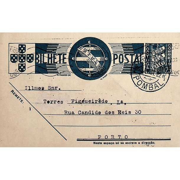 1938 Bilhete Postal Inteiro «Tudo pela Nação» de 25 c. azul enviado de Pombal para o Porto