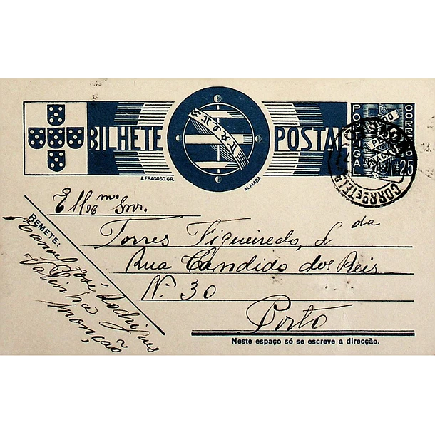 1938 Bilhete Postal Inteiro «Tudo pela Nação» de 25 c. azul enviado de Monção para o Porto