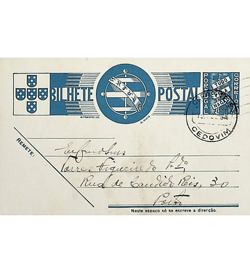 1938 Bilhete Postal Inteiro «Tudo pela Nação» de 25 c. azul enviado de Cedovim para o Porto