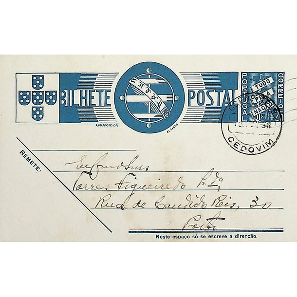1938 Bilhete Postal Inteiro «Tudo pela Nação» de 25 c. azul enviado de Cedovim para o Porto