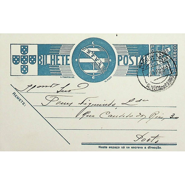 1937 Bilhete Postal Inteiro «Tudo pela Nação» de 25 c. azul enviado de Oliveira do Bairro para o Porto