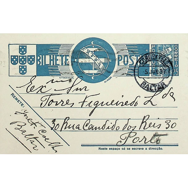 1937 Bilhete Postal Inteiro «Tudo pela Nação» de 25 c. azul enviado de Baltar para o Porto